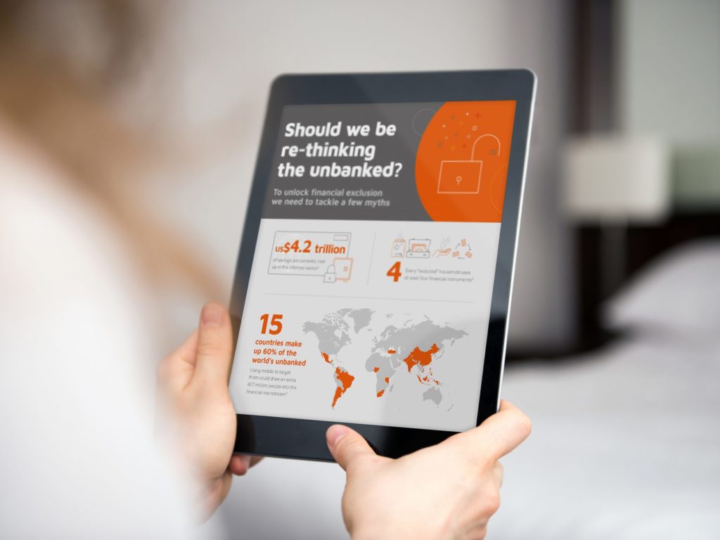 A woman showcases her portfolio using a tablet.